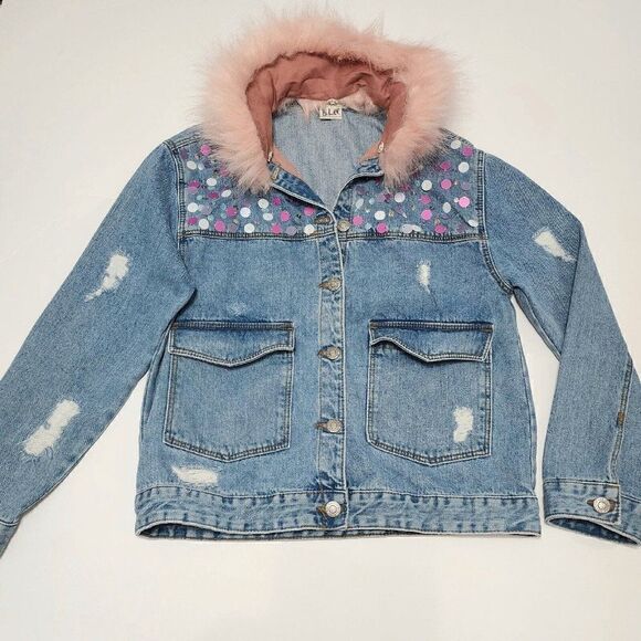 Zara Girls - Size 11/12 Sequin Fur Collar Distressed Jean Jacket - Picture 1 of 5
